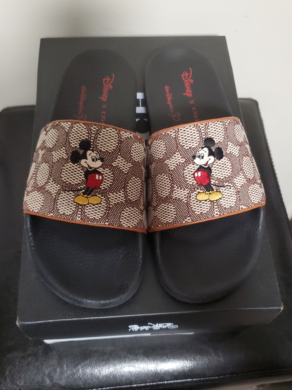 Coach Mickey Canvas Slide Sandals - Brown, Black, Red & Yellow